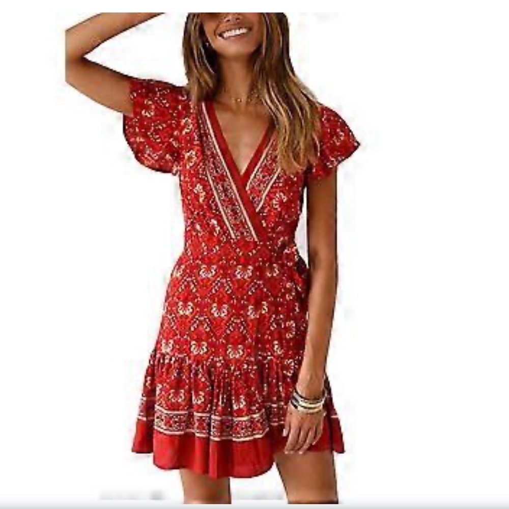 Zesica Summer Floral Boho Floral Print Wrap Dress- Large